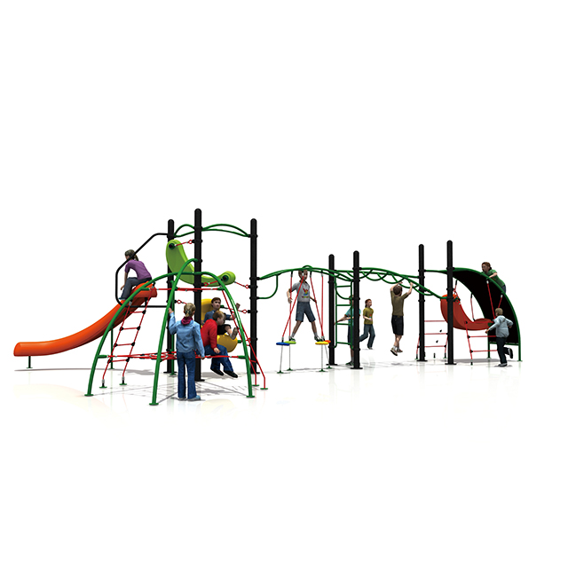 Parco giochi per arrampicata all'aperto in rete con scivoli per adolescenti